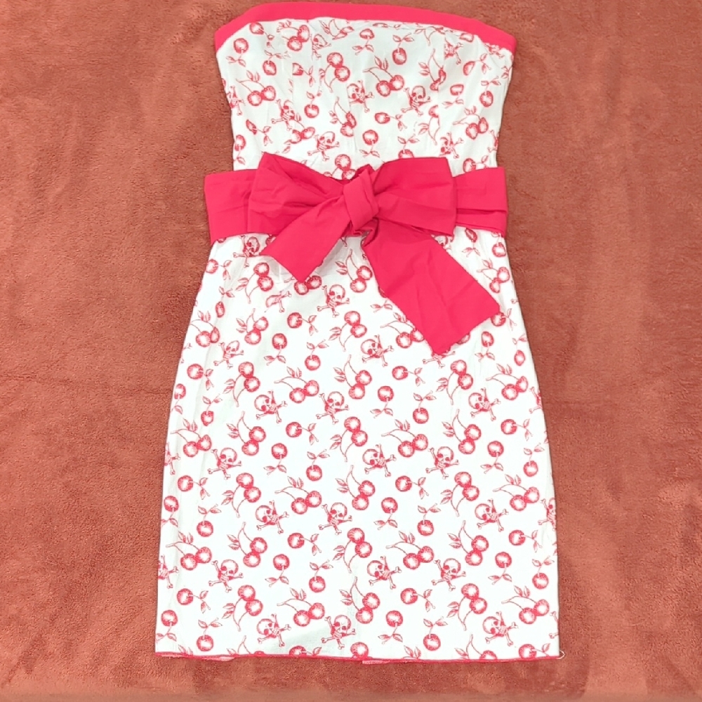 Red and White Skulls And Cherries Strapless Dress